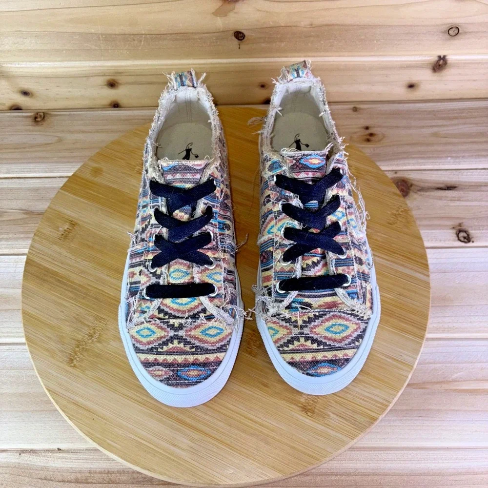 Corkys Slip On Sneakers Womens 8 Babalu Distressed Multicolor Aztec Print Shoes